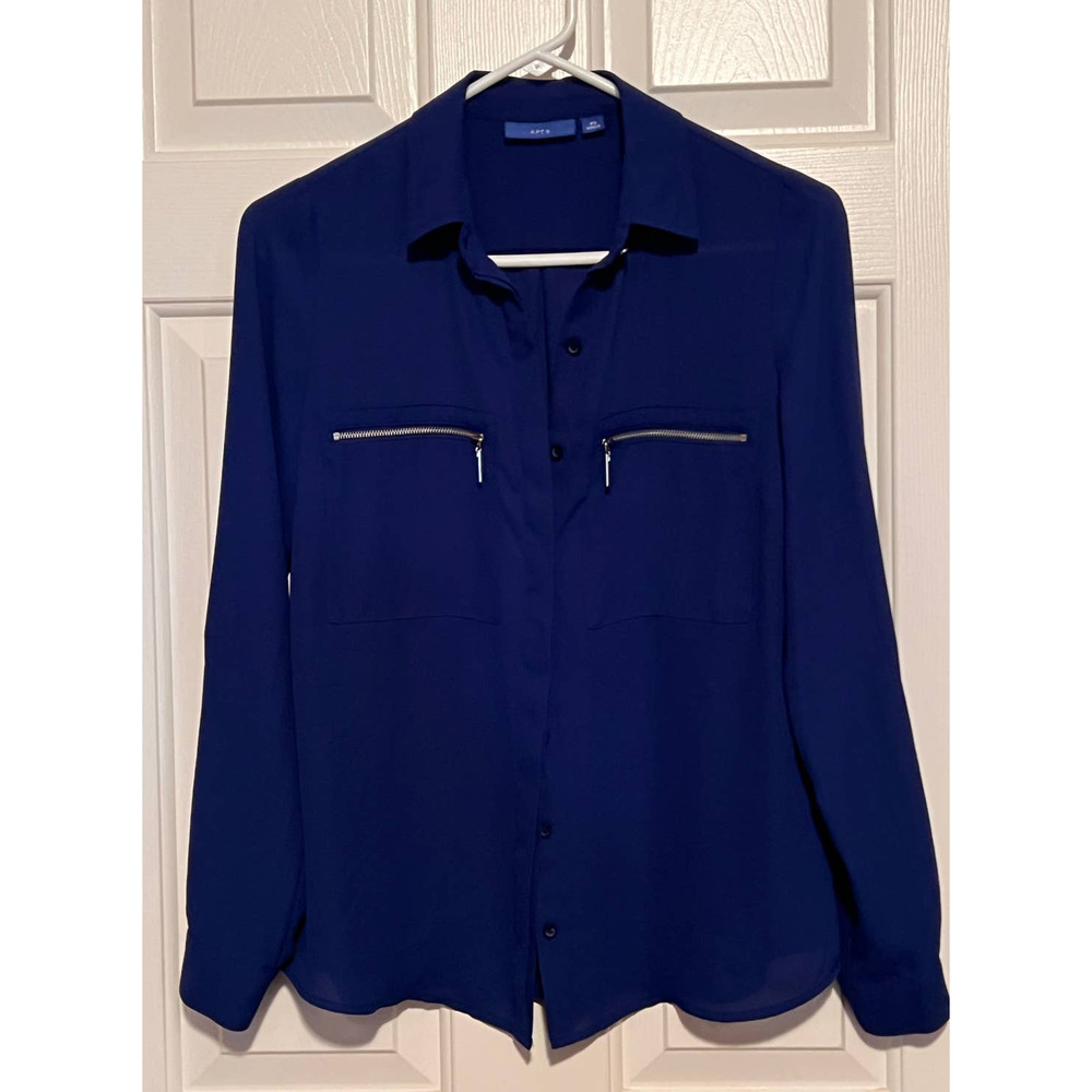 Apt. 9 Royal Blue Button Front Blouse Roll Tab Sleeves Zipper Pockets Size‎ XS